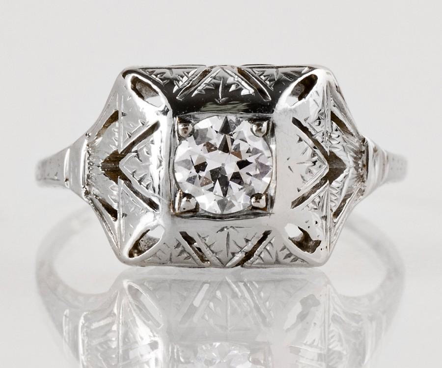 زفاف - Antique Engagement Ring - Antique 1920s Art Deco 18k White Gold Diamond Engagement Ring