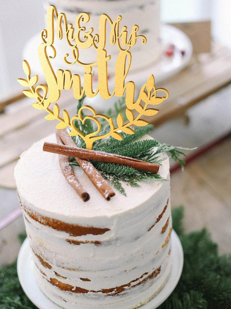 Hochzeit - Wedding Cake Topper Custom surname Personalized Surname Wood Gold Cake Topper Rustic Wedding Cake Topper Boho Cake Topper