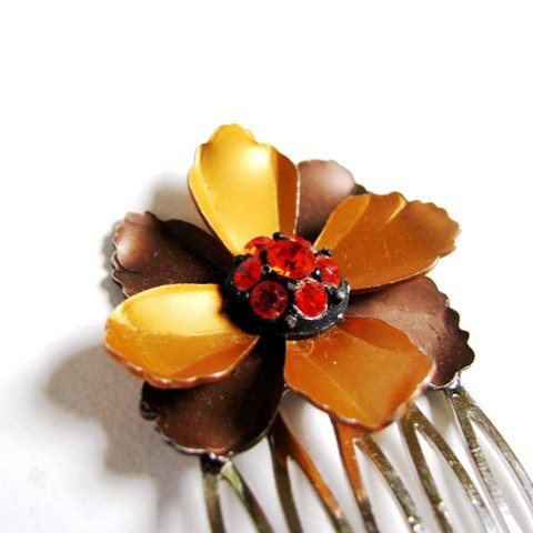 Hochzeit - Autumn Glamour v2 - Vibrant Mocha Brown, Gold and Fiery Orange Vintage Enamel and Rhinestone Jewel Hair Comb - CLEARANCE