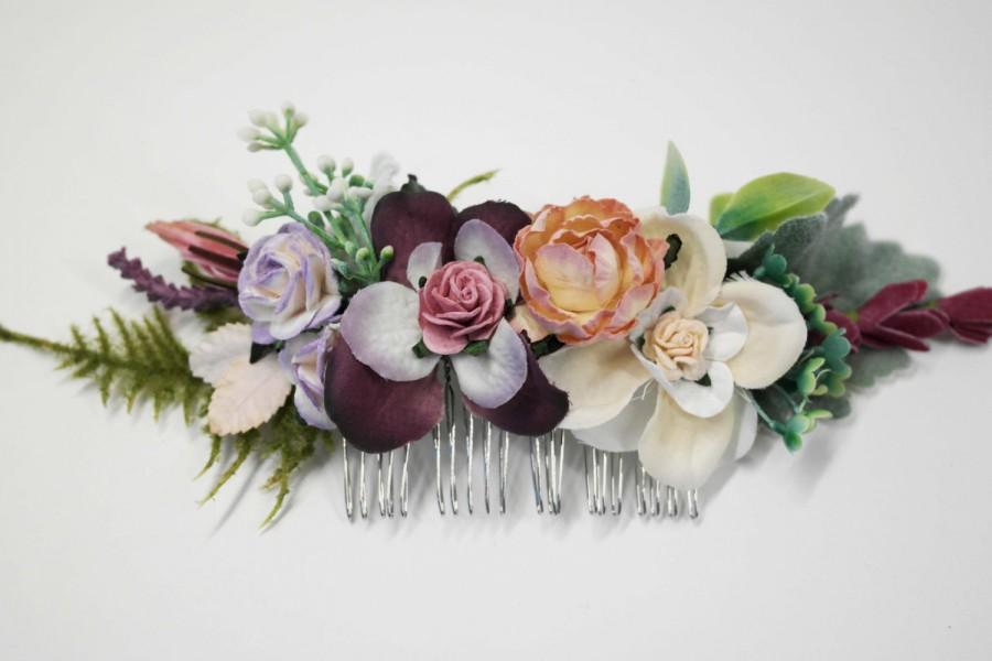 Свадьба - Flower comb, boho comb, woodland comb, forest wedding, faerie headpiece, woodland wedding, burgundy hairpiece, pink hair comb, rose comb