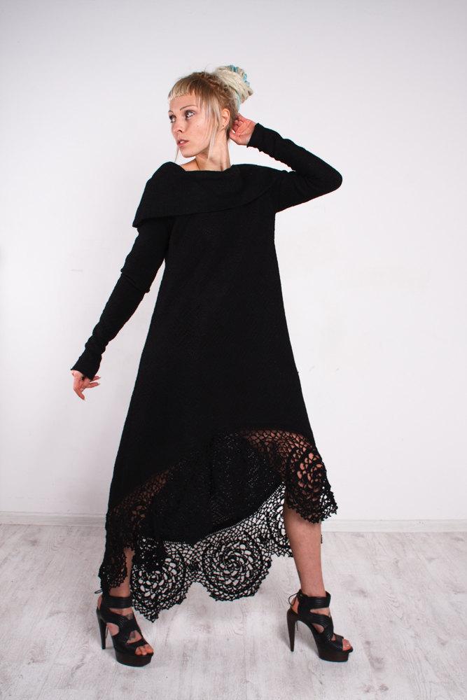 Mariage - CROCHET black Dress asymmetric black Dress Maxi lace Dress Crochet black Dress KNIT black Dress off shoulder Dress Knit sleeves black Dress