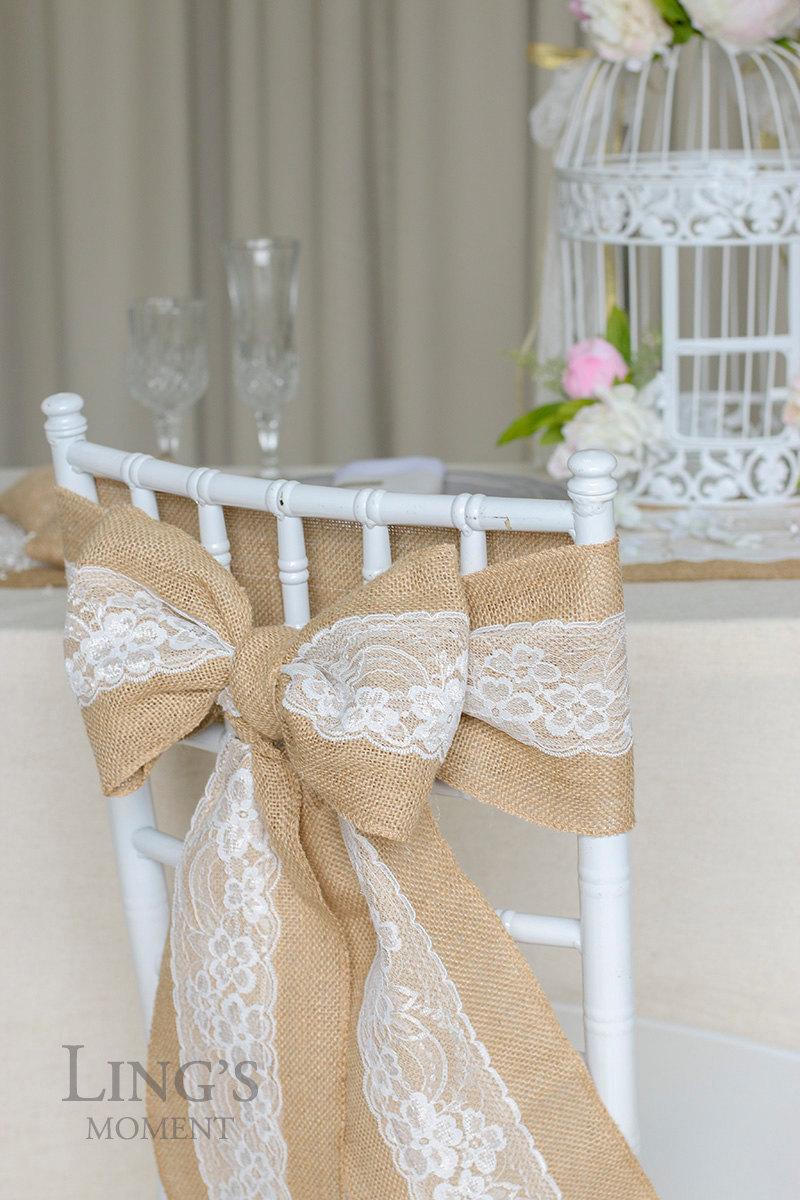 Hochzeit - Burlap Chair Sash with Lace 6"x94" Stitched Edge -Pew Bows- Shabby Chic Wedding Decor-Rustic Wedding Chair Sashes  SHJ001-WHT