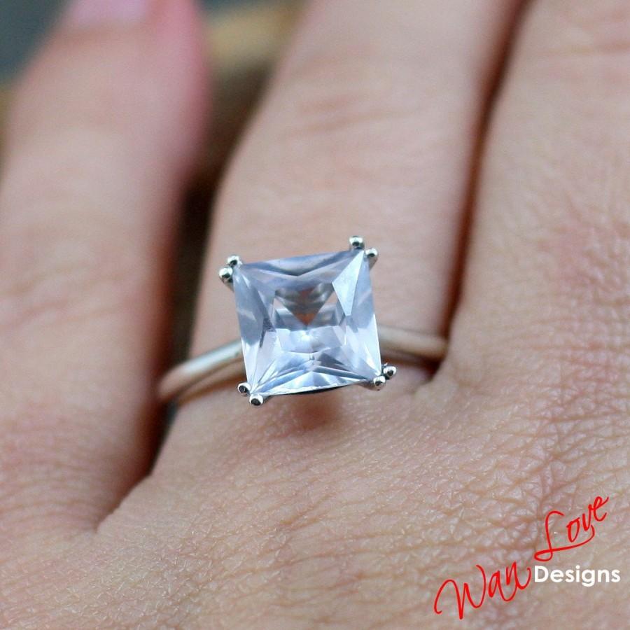 زفاف - White Sapphire Engagement Ring Solitaire Square Princess 3.8ct 9mm 14k 18k White Yellow Rose Gold-Platinum-Custom-Wedding-Anniversary-10k