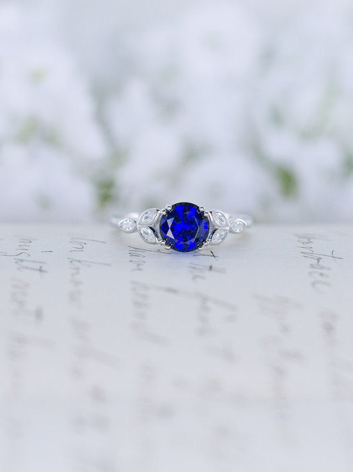 زفاف - Blue Sapphire Engagement Ring - Art Deco Ring - Vintage Style Ring -  CZ Ring - Solitaire Ring - Round Cut Ring - Sterling Silver