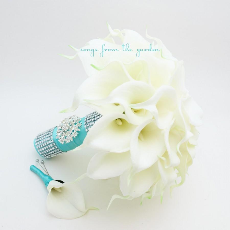 Свадьба - Real Touch Calla Lily Bridal Bouquet Groom's Boutonniere in White & Aqua Blue with Rhinestone Brooch and Diamond Mesh Accents