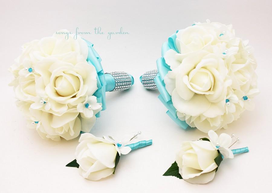 Hochzeit - White Aqua Blue Wedding Flower Package Bridesmaid Bouquets Groomsman Boutonnieres Real Touch Rose Silk Stephanotis Customize for your Colors