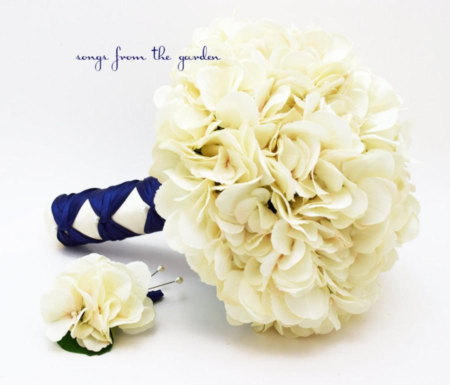 زفاف - Wedding Bouquet Cream Silk Hydrangea Groom's Boutonniere Navy Ivory Silk Flower Bridal Bouquet - Ivory Silk Flower Hydrangea