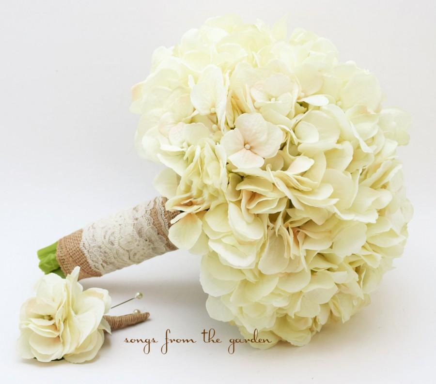 Свадьба - Wedding Bouquet Cream Silk Hydrangea Burlap Lace Groom's Boutonniere Rustic Ivory Silk Flower Bridal Bouquet - Ivory Silk Hydrangea