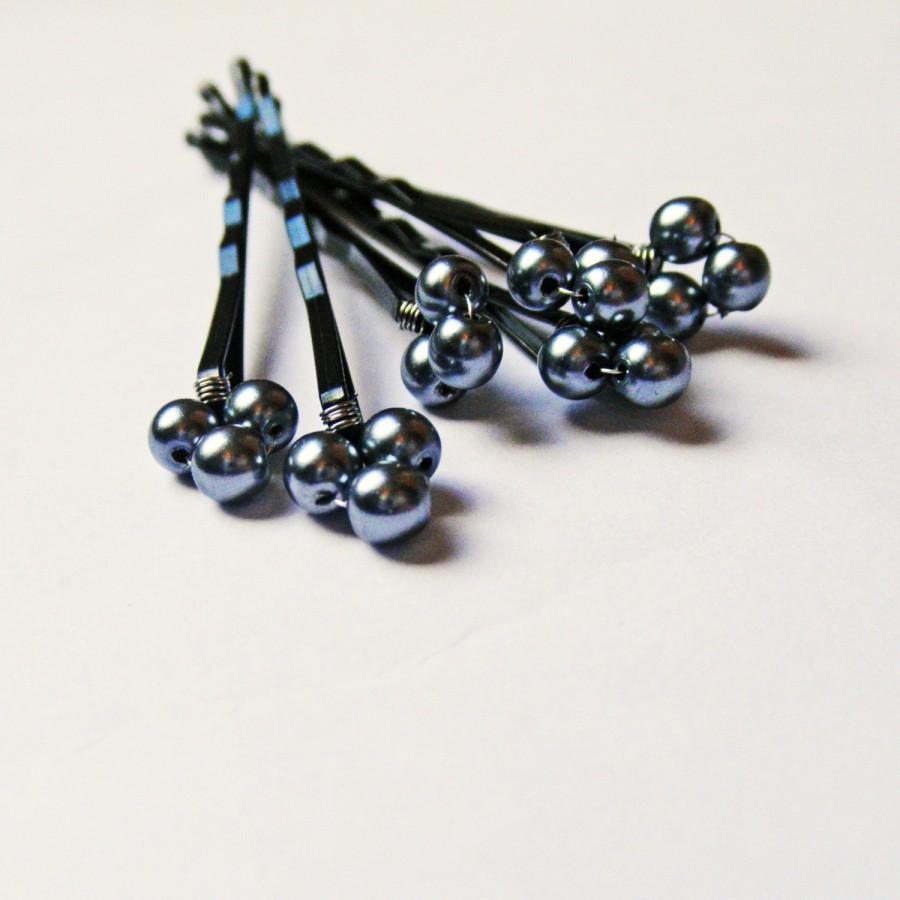 Свадьба - Black Pearl Hair Pins (wedding set of 6) Dark Gray Grey Swarovski Triple Pearl Hair Jewelry bobby pins