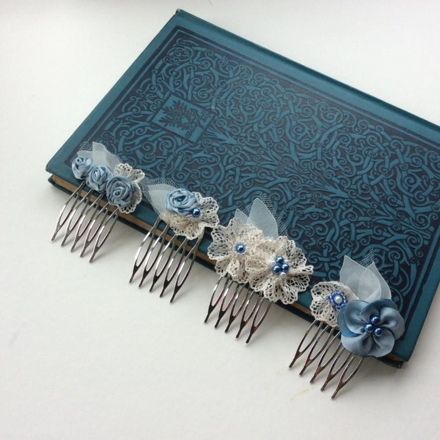 Wedding - Small wedding hair combs, in light blue, set of 4 or individual, also in blush peach pink, gold, berry, teal - bridesmaids hair piece