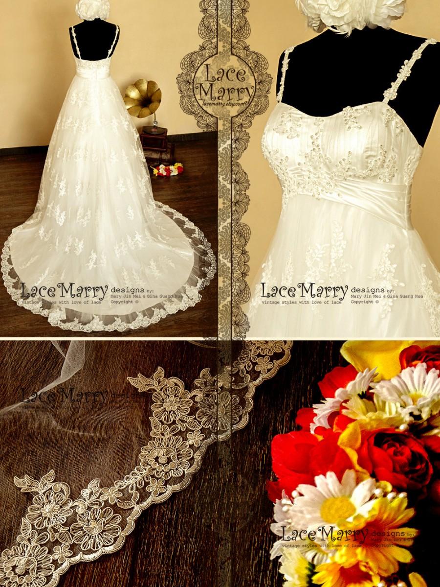 Wedding - Delicate Flower Appliqué Lace Empire Waist Wedding Dress with Floral Spaghetti Straps and Elaborately Beaded Sweetheart Neckline