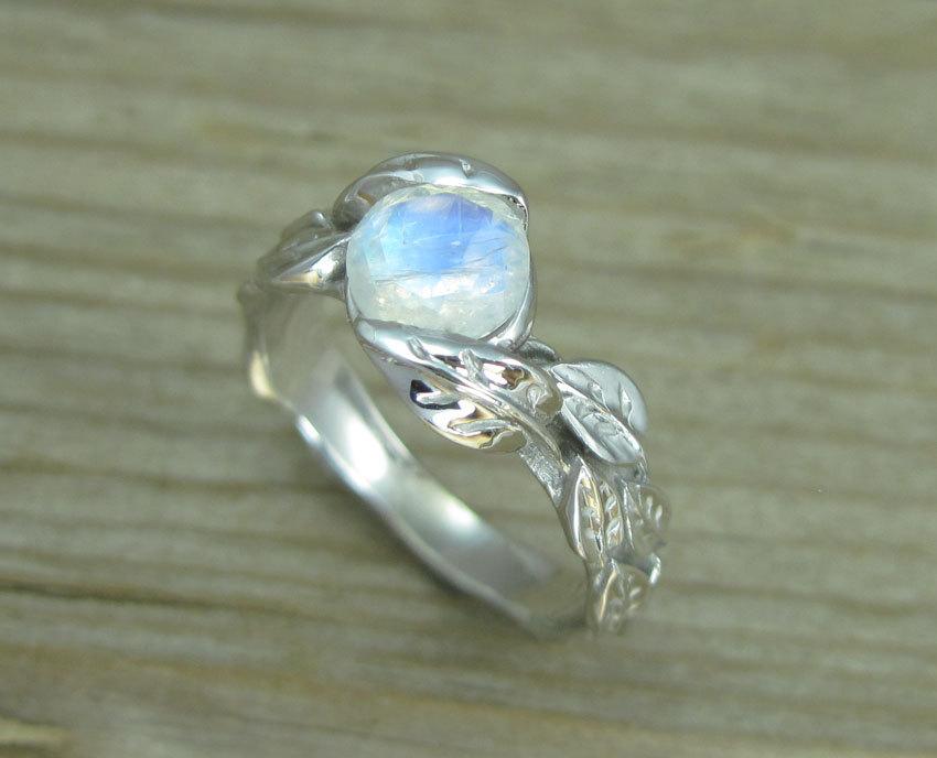 Wedding - Leaf Ring With Moonstone, White Gold Moonstone Leaf Ring, Leaves Ring With Moonstone, Moonstone Forest Ring, Natural Floral Moonstone Ring