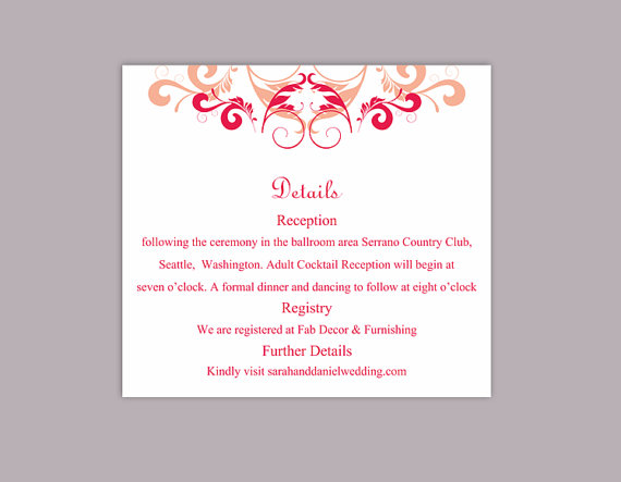 Свадьба - DIY Wedding Details Card Template Editable Word File Instant Download Printable Details Card Peach Pink Details Card Elegant Enclosure Cards