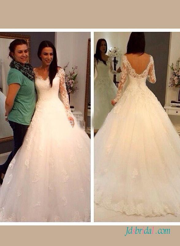 زفاف - Romance illusion lace long sleeves ball gown wedding dress