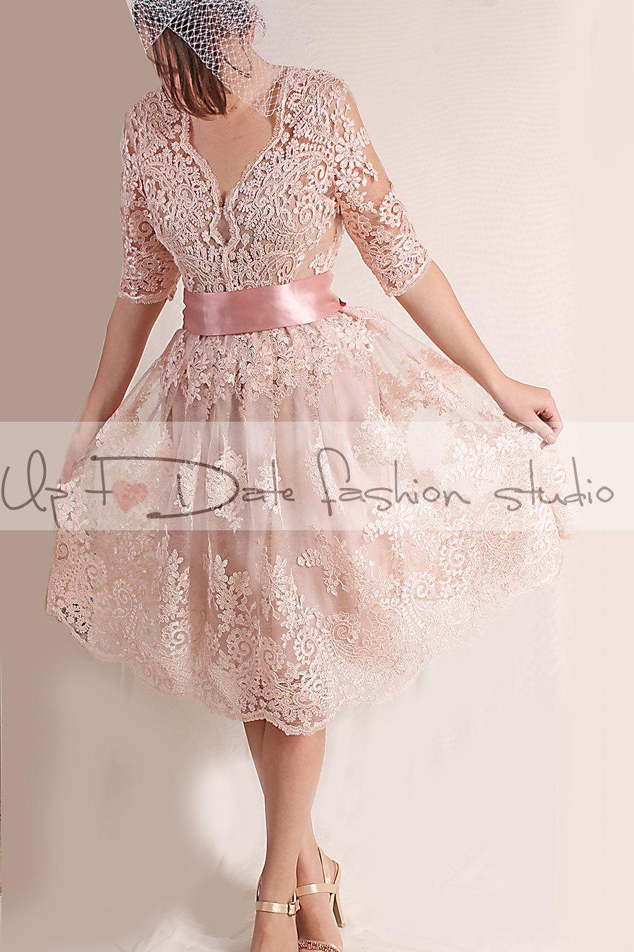 زفاف - Party/Cocktail /evening/knee length /alencon lace dress/open back/ blush pink dress