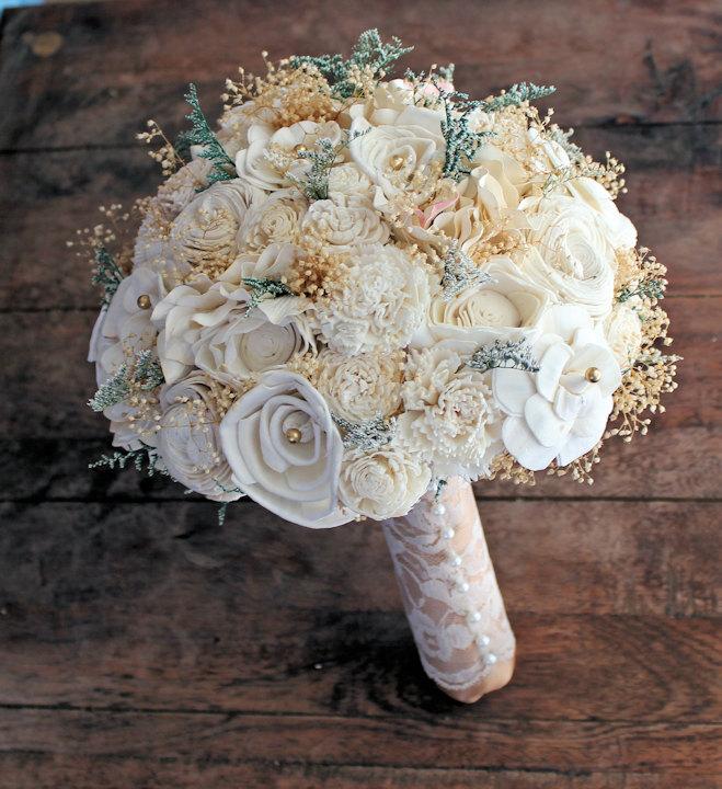 Mariage - Wedding Bouquet - Vintage Collection, Large Ivory Lace Gold Keepsake Alternative Bouquet, Sola Bouquet, Rustic Wedding