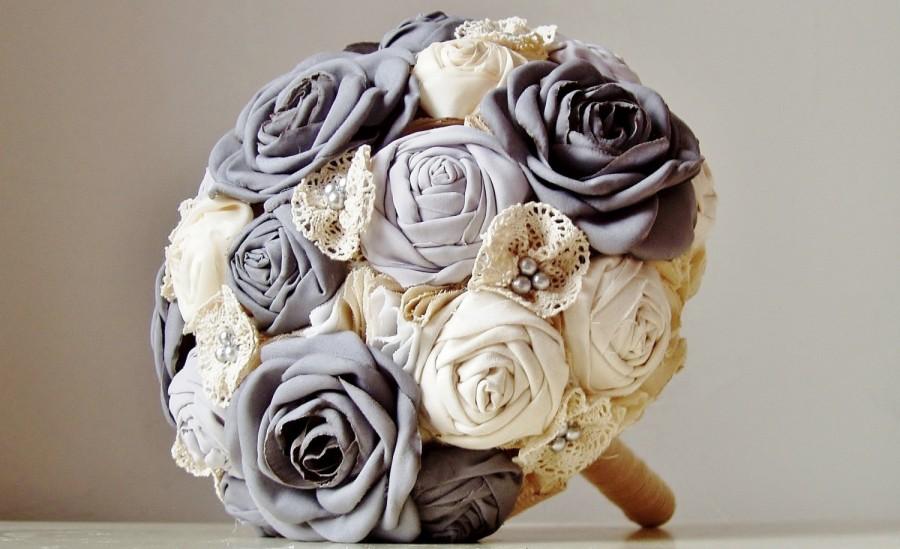 Mariage - Fabric Bouquet, Fabric Wedding Bouquet, Weddings, Vintage Bridal Bouquet,,  Wedding Bouquet,  Gray Roses