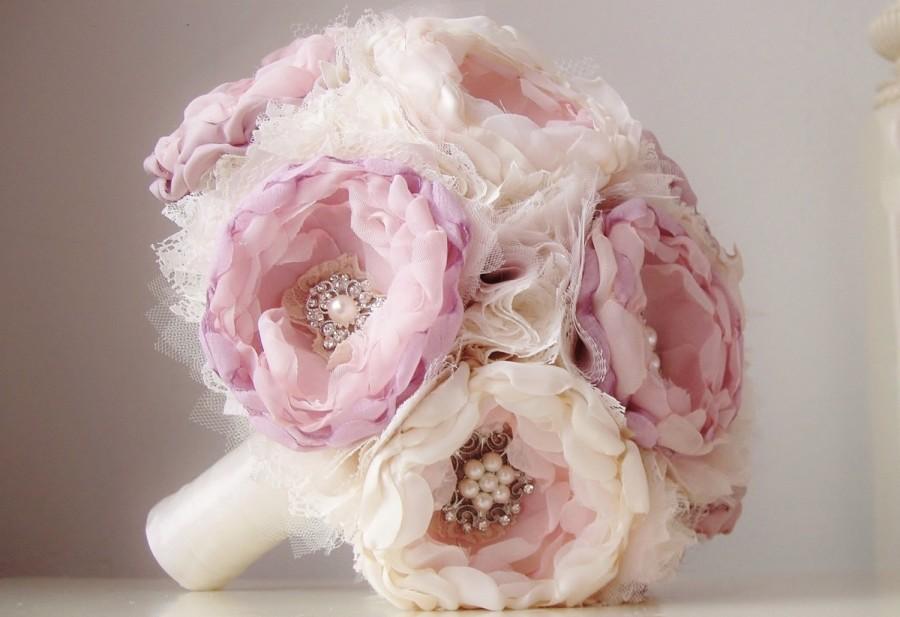 Wedding - Fabric Wedding Bouquet, Handmade Fabric Bridal Bouquet, Vintage Wedding Bouquet, Brooch Bouquet, Light Purple, Pink, Ivory