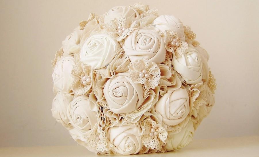 زفاف - Fabric Bridal Bouquet, Cotton Flower Bouquet, Rosette,  Vintage Wedding,  Lace and Pearls