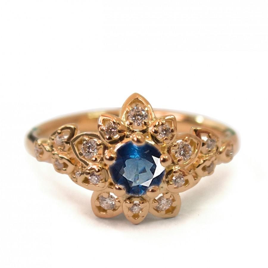 زفاف - Sapphire Art Deco Petal Engagement Ring - 14K Rose Gold and Sapphire engagement ring, leaf ring, flower ring, vintage ring, diana, 2B