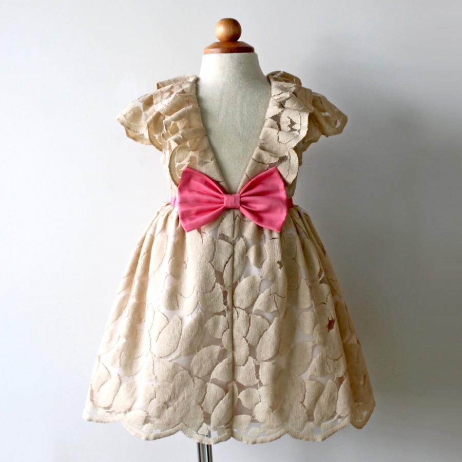 Mariage - Beige and Pink Lace Dress, Flower Girl, Special Occasion