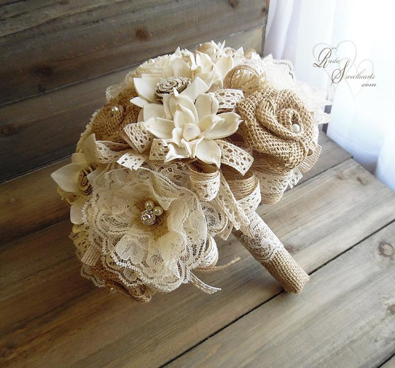 Mariage - Ready to Ship ~~~ Rustic Lace Bridal Bouquet Large, Sola Flowers, Lace Flowers, Burlap Roses, Lace, Rhinestones & Pearls