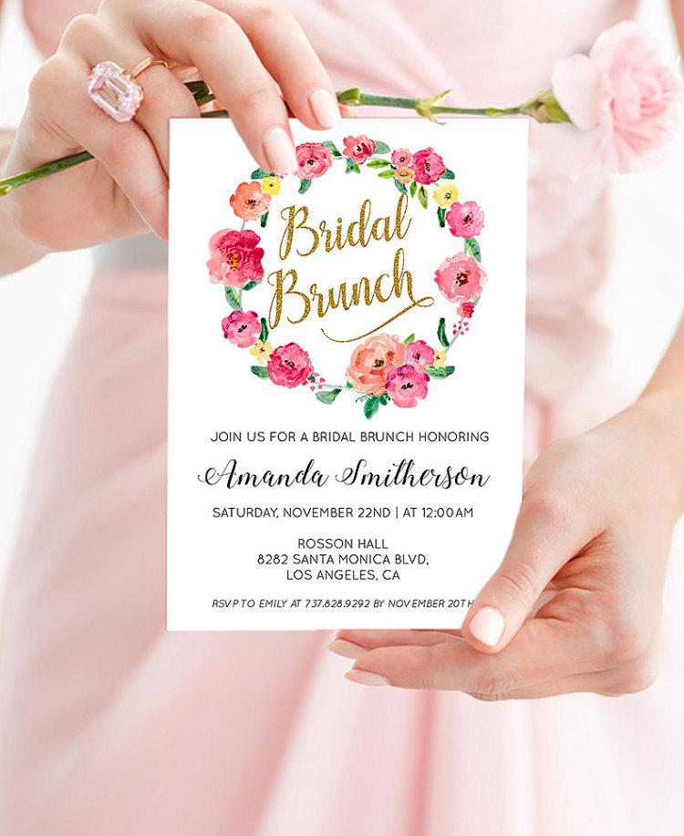 Hochzeit - Instant Download Watercolor Pink Floral Bridal Brunch Invitation - Printable Watercolor Flower Invitations PDF Instant Download 