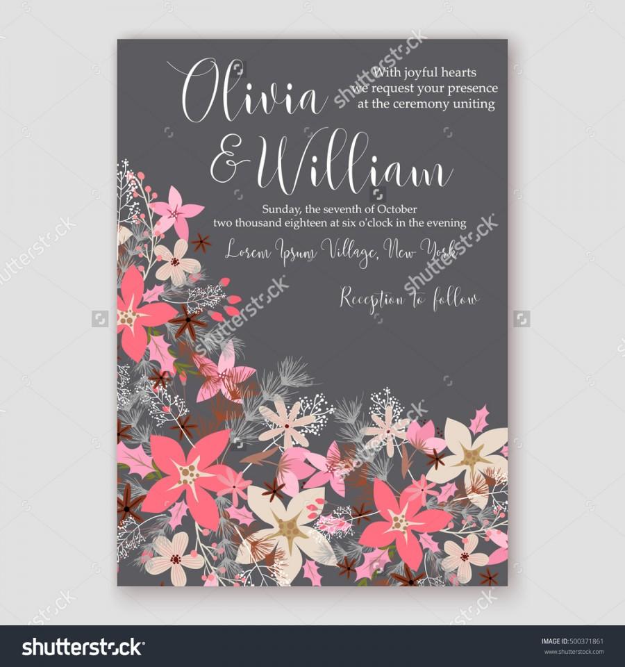 Mariage - Wedding invitation card template with winter bridal bouquet Poinsettia Christmas Party invitation wreath poinsettia, pine branch fir tree, needle, flower bouquet Bridal shower invitation