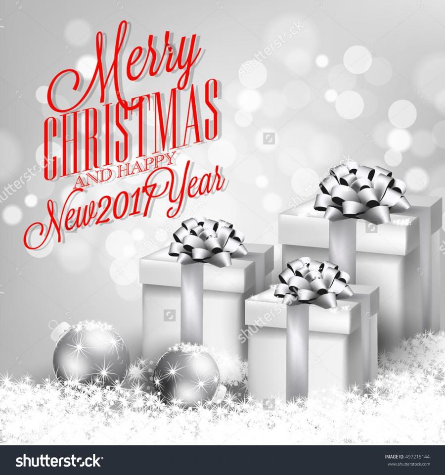 زفاف - Merry Christmas and happy new year invitation template with gift box, ball, lights garland, letter, red berry pine branch on snow background