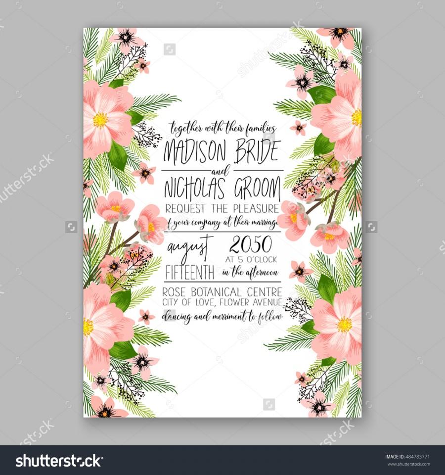 Свадьба - Romantic pink peony bouquet bride wedding invitation template design. Winter Christmas wreath of pink flowers and pine and fir branches