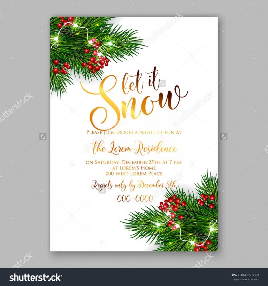 Wedding - Christmas party invitation with fir, pine and holly berry branches garland.