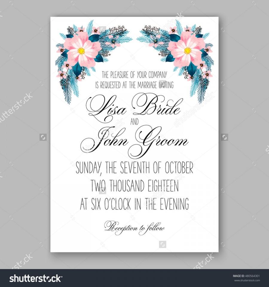 Hochzeit - Romantic pink peony bouquet bride wedding invitation template design. Winter Christmas wreath of pink flowers and pine and fir branches. Ribbon