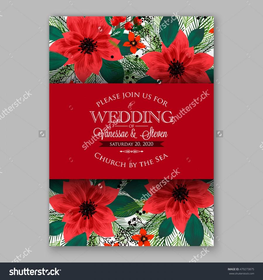 Wedding - Poinsettia Wedding Invitation sample card beautiful winter floral ornament Christmas Party wreath poinsettia, pine branch fir tree, needle, flower bouquet Bridal shower ribbon template wording