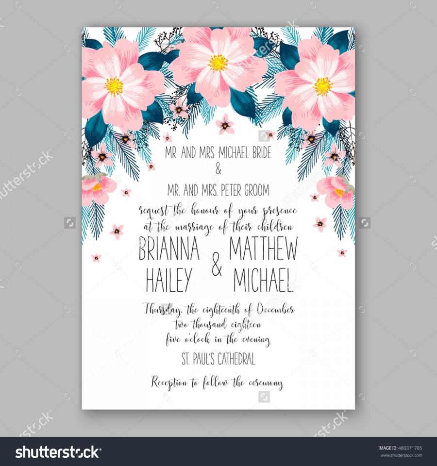 Mariage - Romantic pink peony bouquet bride wedding invitation template design. Winter Christmas wreath of pink flowers and pine and fir branches.