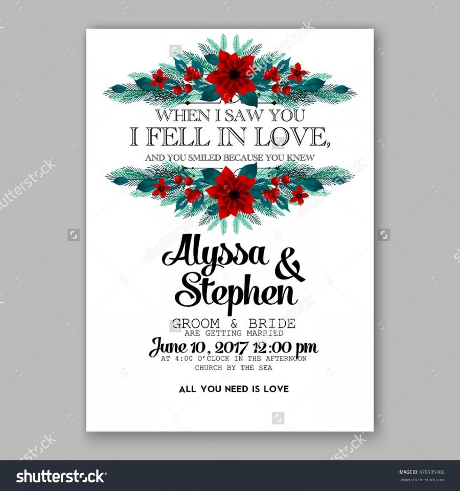 Wedding - Poinsettia Wedding Invitation sample card beautiful winter floral ornament Christmas Party wreath poinsettia, pine branch fir tree, needle, flower bouquet Bridal shower complimentary template wording