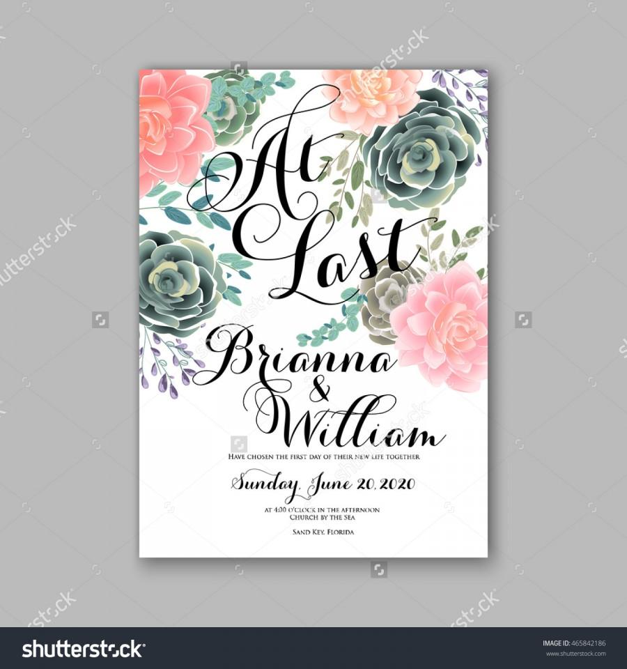 زفاف - Wedding invitation template with succulents and rose bouquet with eucaliptus leaf
