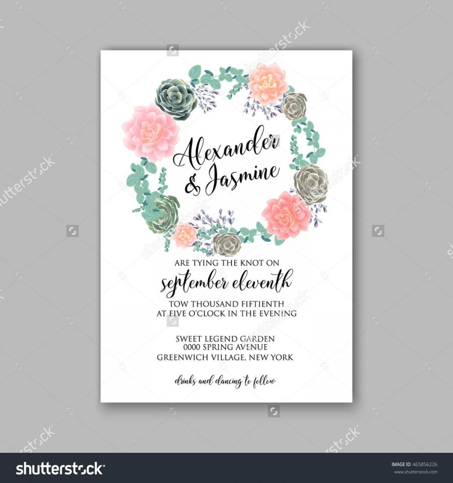 Hochzeit - Wedding invitation template with succulents and rose bouquet with eucaliptus leaf
