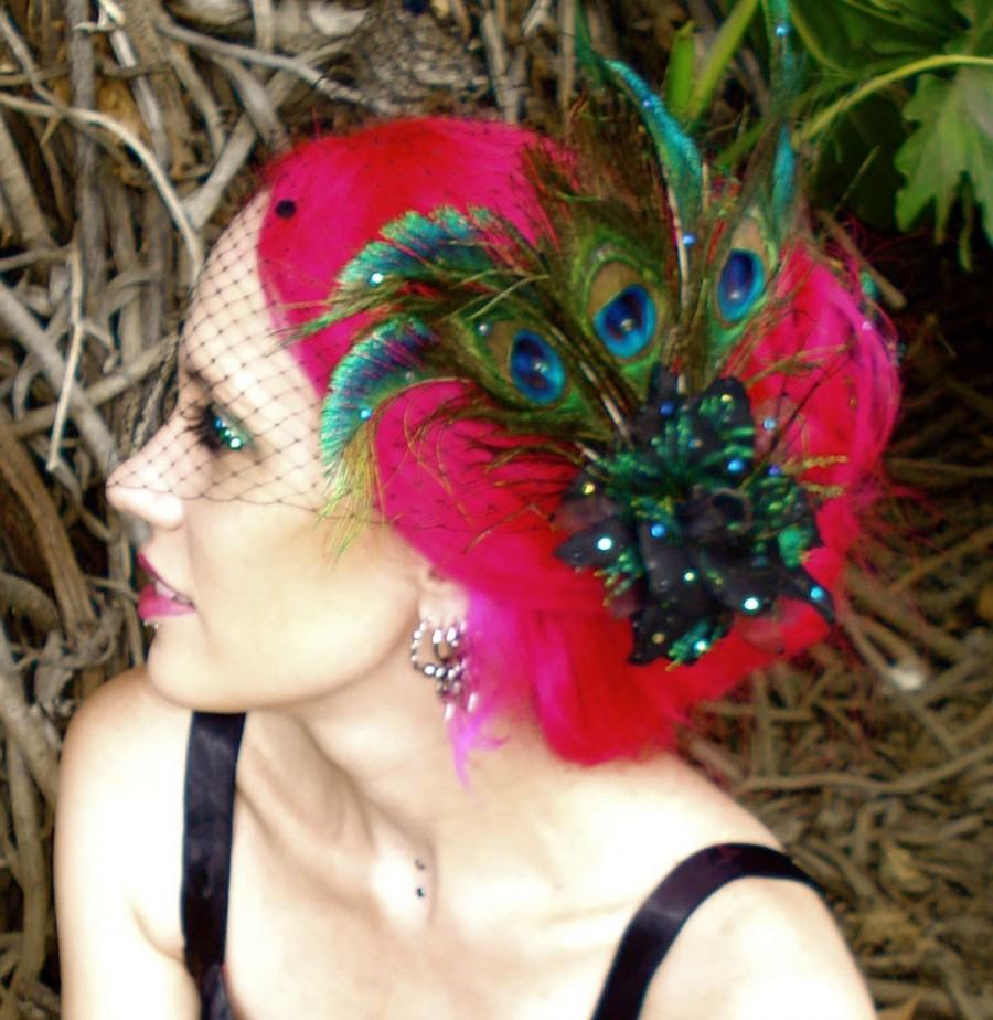 Wedding - The Azucena - Black Peacock Rose Fascinator Brooch and Removable Birdcage Veil Set - by Moonshine Baby