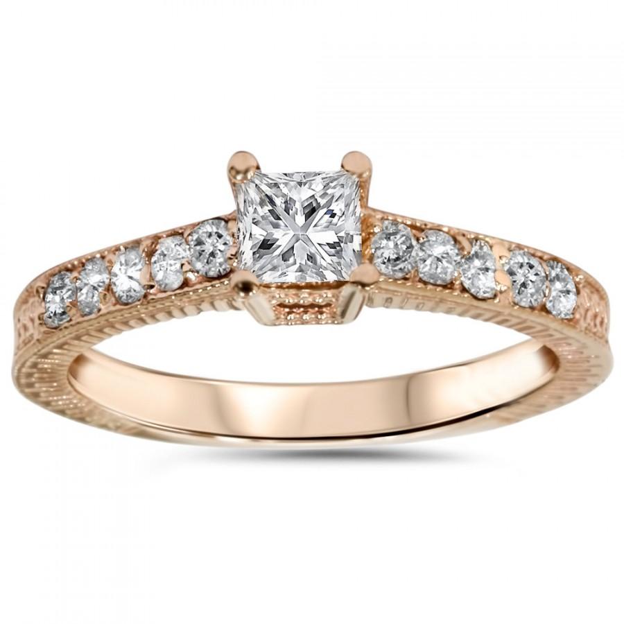 Mariage - 1/2CT Princess Cut Diamond Engagement Ring Vintage Antique Hand Engraved Milgrian Style 14K Rose Gold Size 4-9