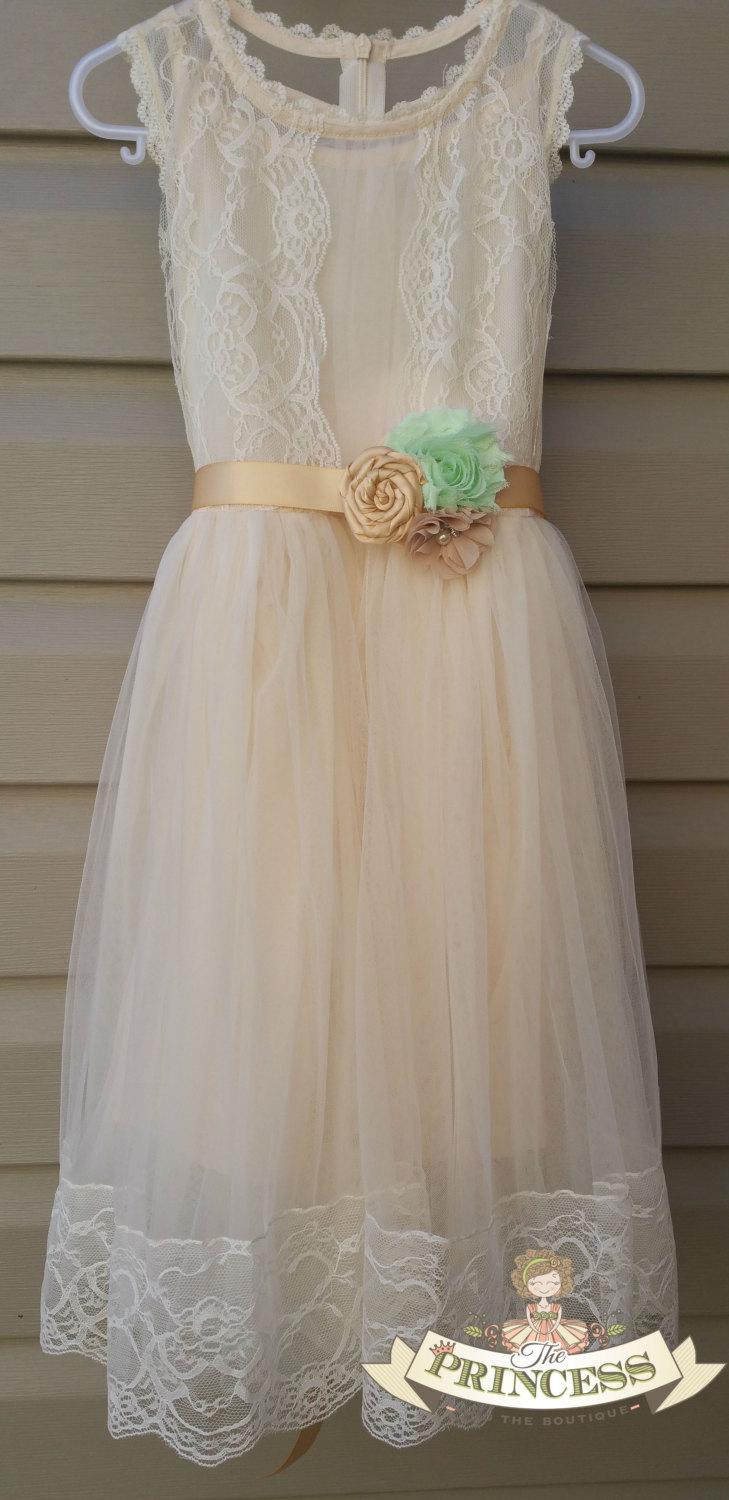 Wedding - Champage flower girl dress, baby dress, vintage flower girl dress, lace dress, cream flower girl dress, champagne flower girl dress