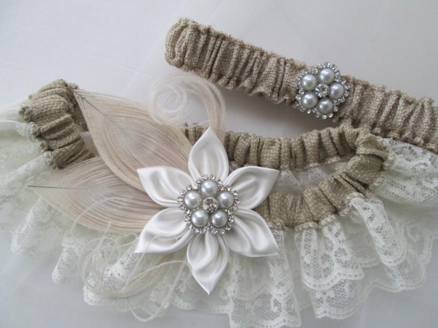 Hochzeit - BURLAP Wedding Garter Set, Ivory Lace Garters, Peacock Bridal Garter, Gatsby- Rustic- Vintage- Country Bride
