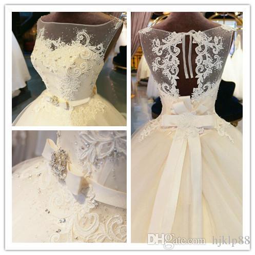 Wedding - Organza Appliques Floor-Length Ball Gown Illusion Wedding Dress Chapel Train Zipper Beaded Crystal Bridal Gown Custom Made Lace Wedding Dresses Mermaid Wedding Dress 2017 Wedding Dresses Online with 177.15/Piece on Hjklp88's Store 
