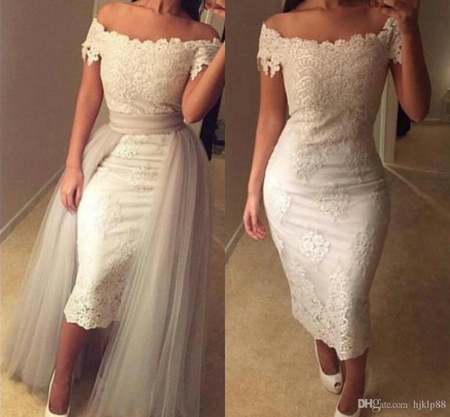 Hochzeit - Off-shoulder Lace Tea-Length Wedding Dresses Appliques Sheath Bodycon Bridal Dresses with Silver Overskirts Ruffles Vintage Wedding Gowns Train Wedding Dresses Lace Wedding Dresses 2016 Wedding Dresses Online with 148.58/Piece on Hjklp88's Store 