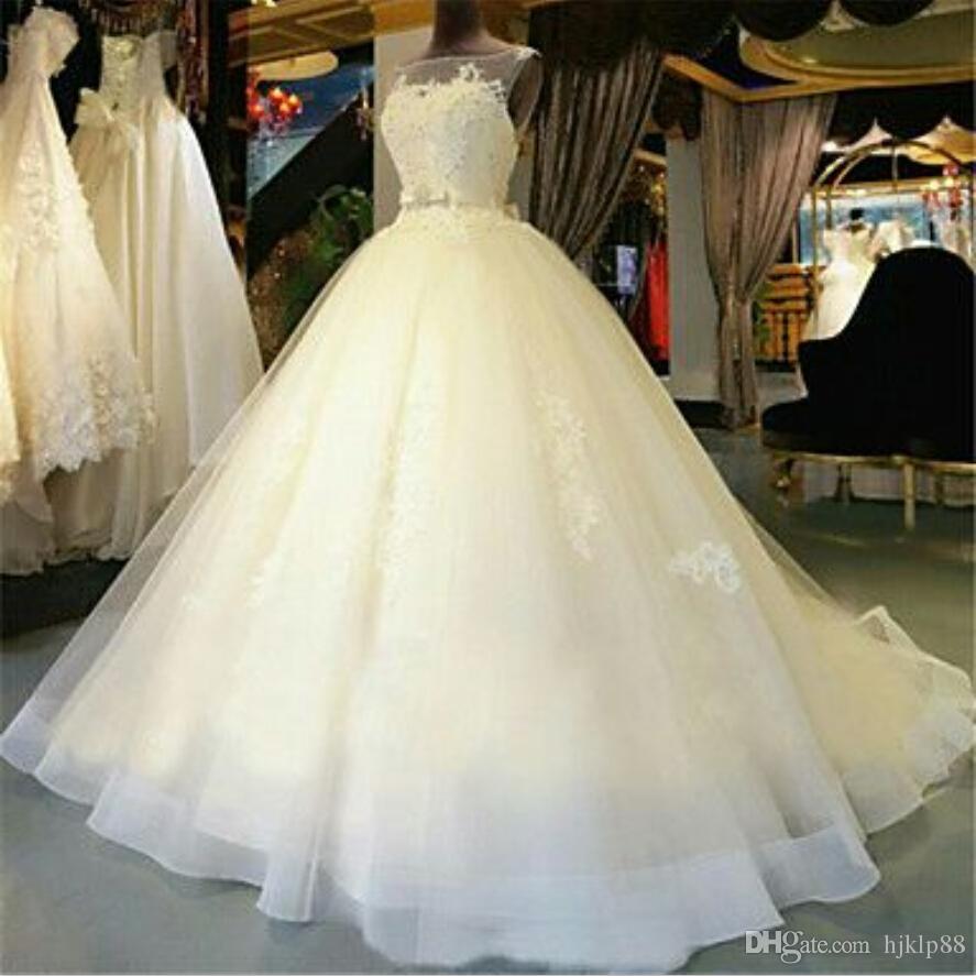 Hochzeit - Gorgeous Custom Made 2016 Wedding Dresses 2016 Sheer Bateau Sleeveless Organza Lace Appliques Beading Bridal Gowns Online with 163.2/Piece on Hjklp88's Store 