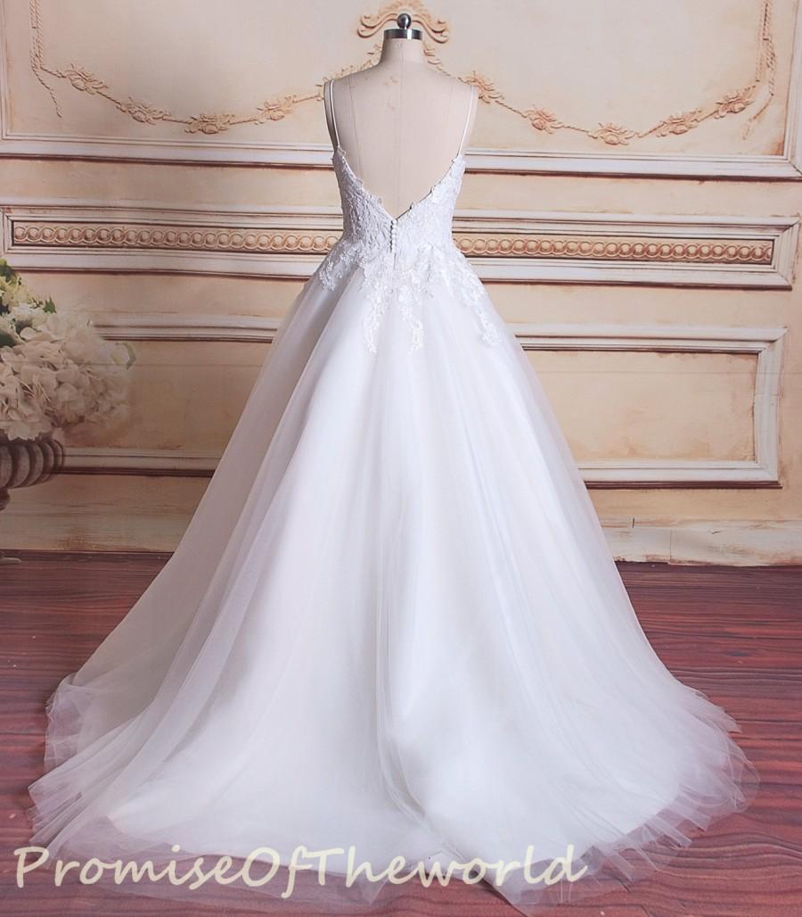 Hochzeit - Low Back Deep V Cut Lace Wedding Dress,Beach Wedding Dress,Casual Princess Destination Wedding Dress,Spaghetti Straps Wedding Dress
