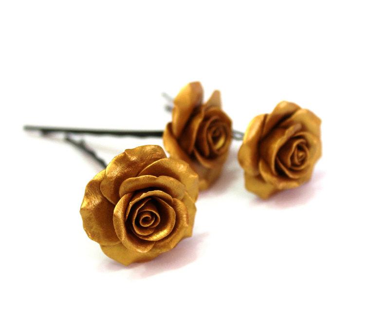 Wedding - Gold flower clips, Golden clips, Bridal hair clips, Wedding accessory, Rose bobby pins,Bridal Accessories Set