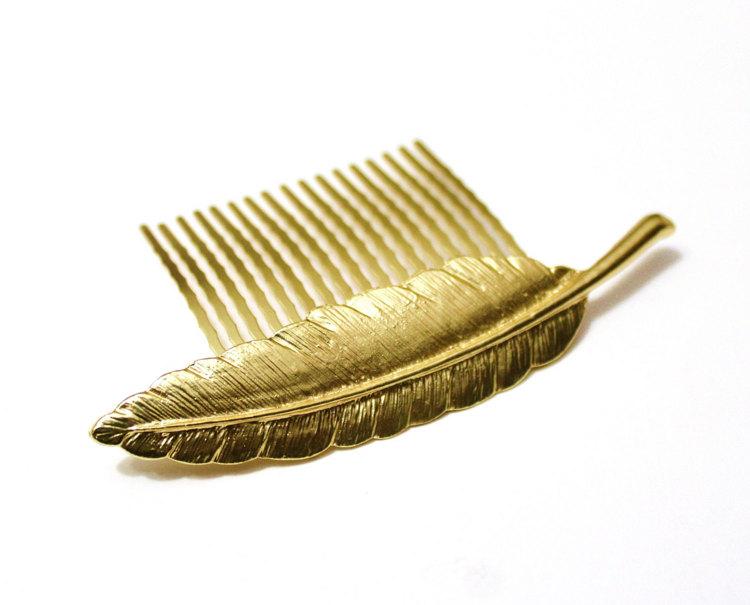 Wedding - Gold feather hair Comb, Gold leaf comb, Bridal Hair Comb, Wedding Hair Comb, Woodland Hair Accessory, Bridesmaids Accessory, Feather Jewelry