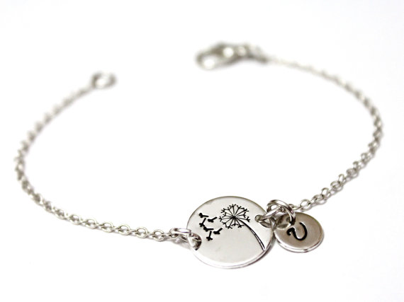 زفاف - Sterling Silver Dandelion Bracelet,Wish Bracelet.Hand-Stamped,Dandelion Wish Bracelet, initial charm, initial Bracelet, Personalized Jewelry