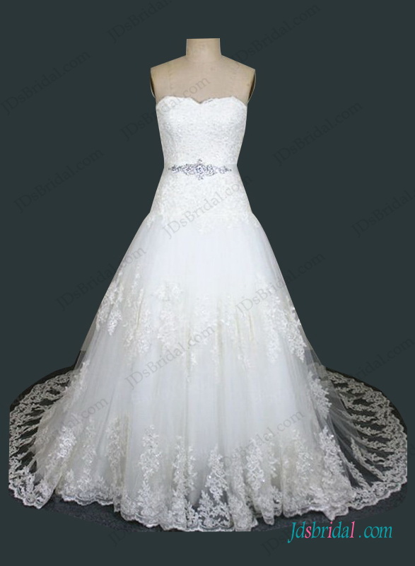 Wedding - H1411 Plus size dropped waistline lace ball gown wedding dress