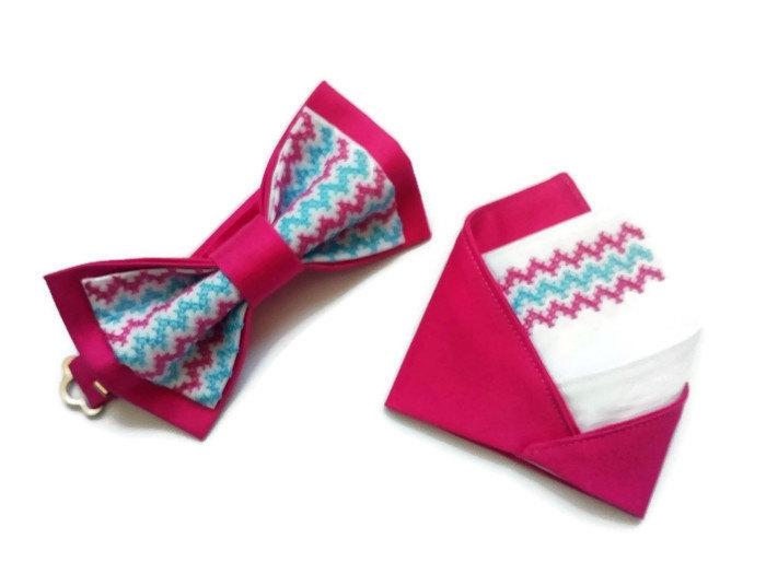 Свадьба - wedding set of hot pink bow tie and matching pocket square designed by Accessories482 groom tie groomsmen chevron neckties trauzeugen fliege